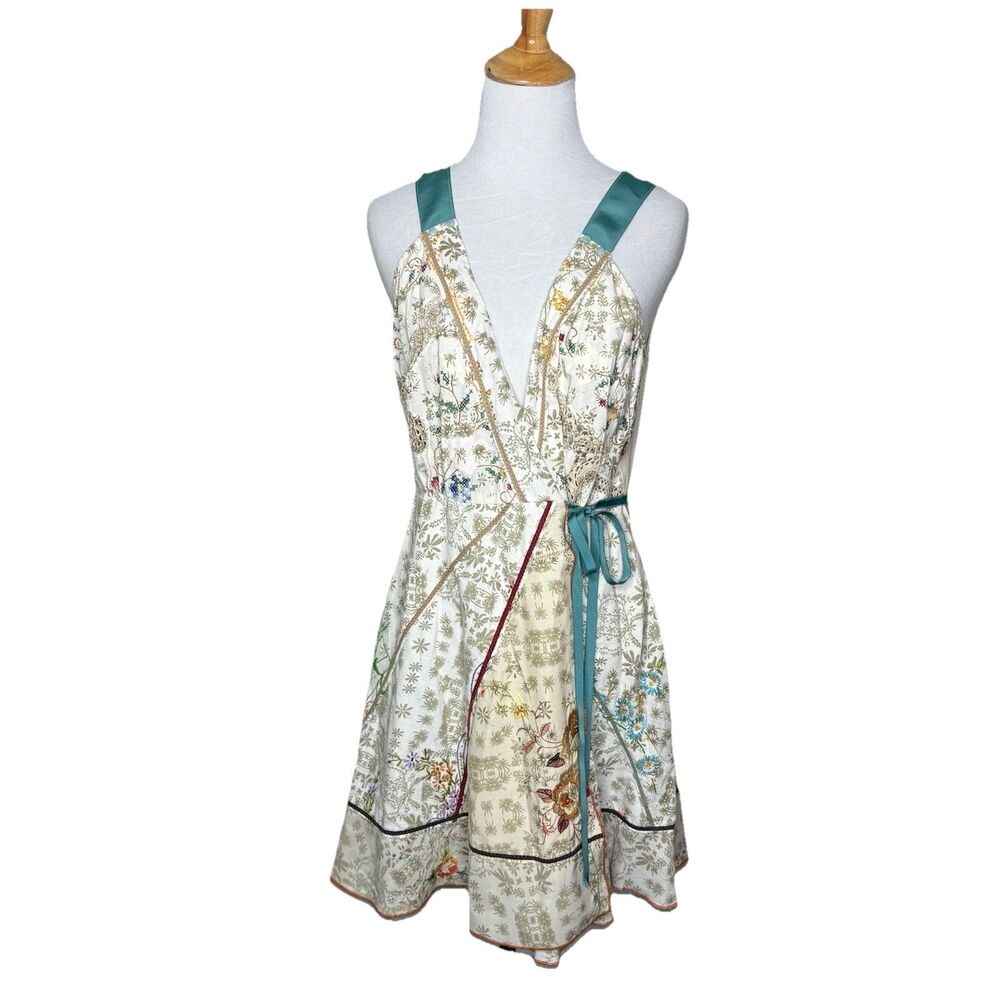 Burning Torch Beige Embroidery Colorful Print Wrap V Neck  Dress Size Small